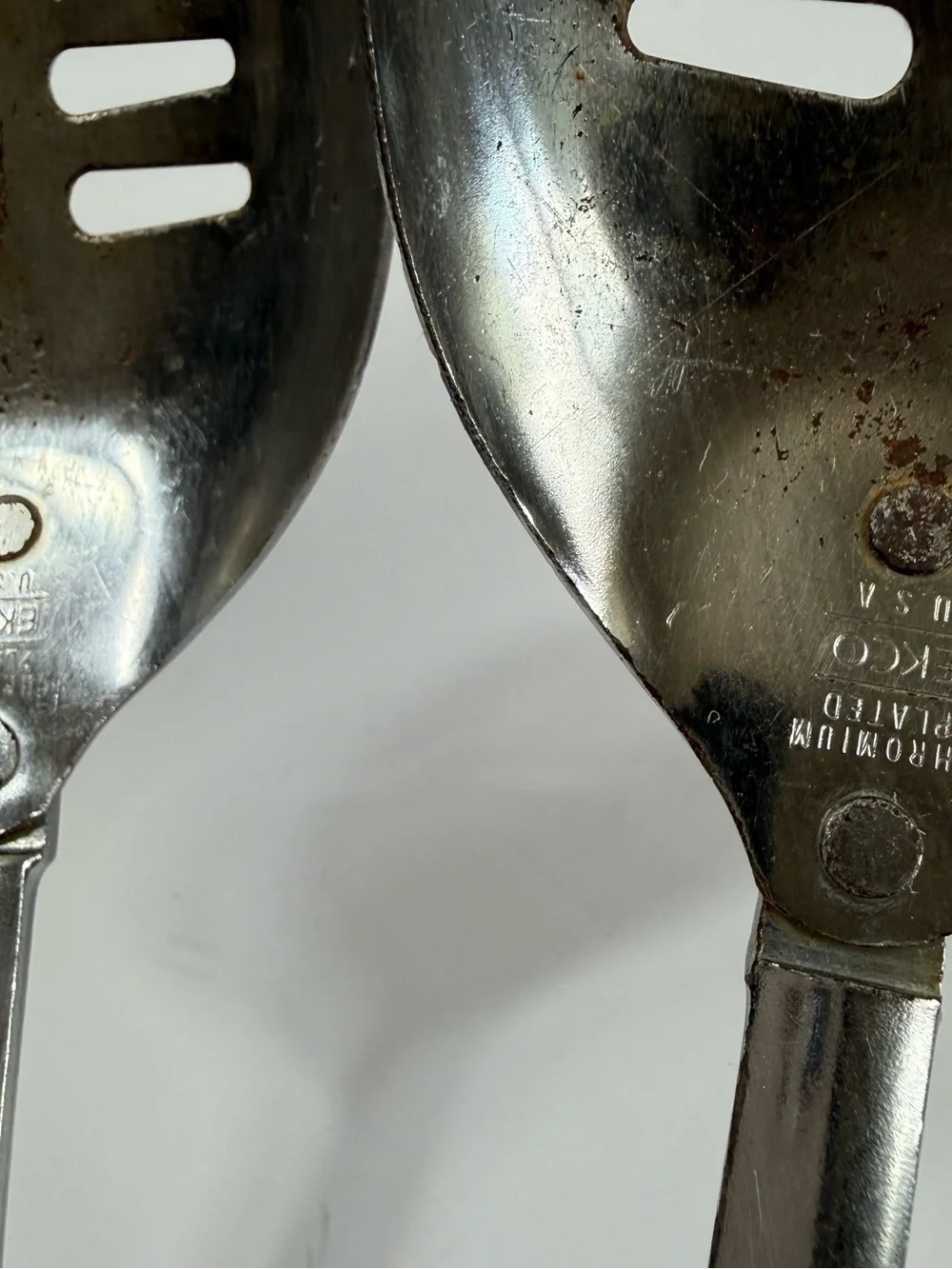 Vintage EKCO USA Slotted Spoons Set of 2 Chromium Plated White Handle